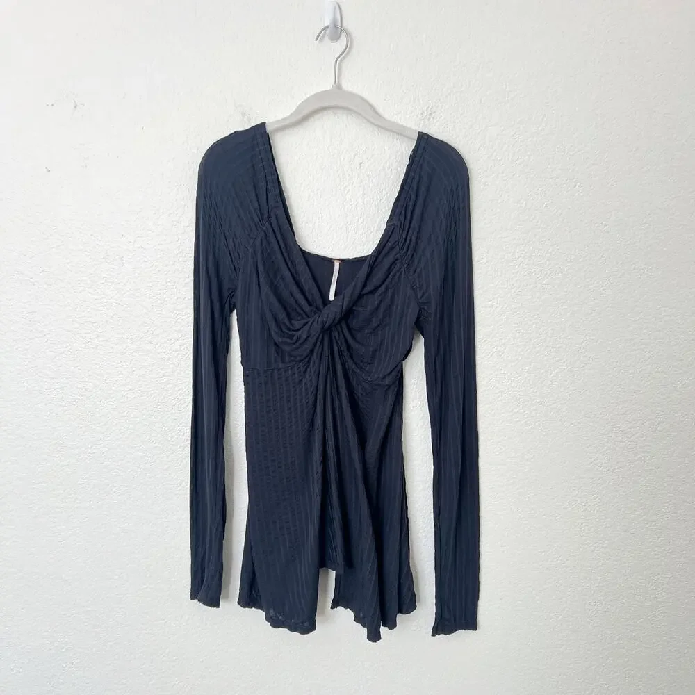 [Free People] Navy Blue Twisted Bust Open Front Slit Long Sleeve Top Sz Medium M